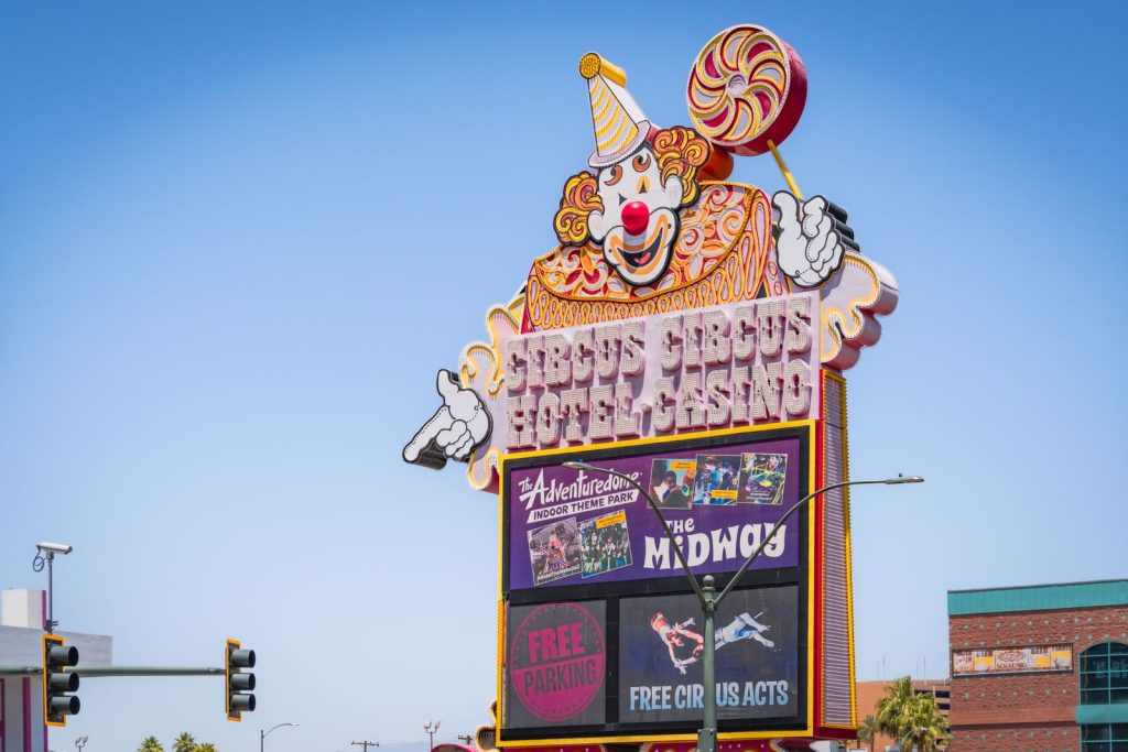 Bright daytime view of the famous Circus Circus Hotel and Casino sign on the Las Vegas Strip.