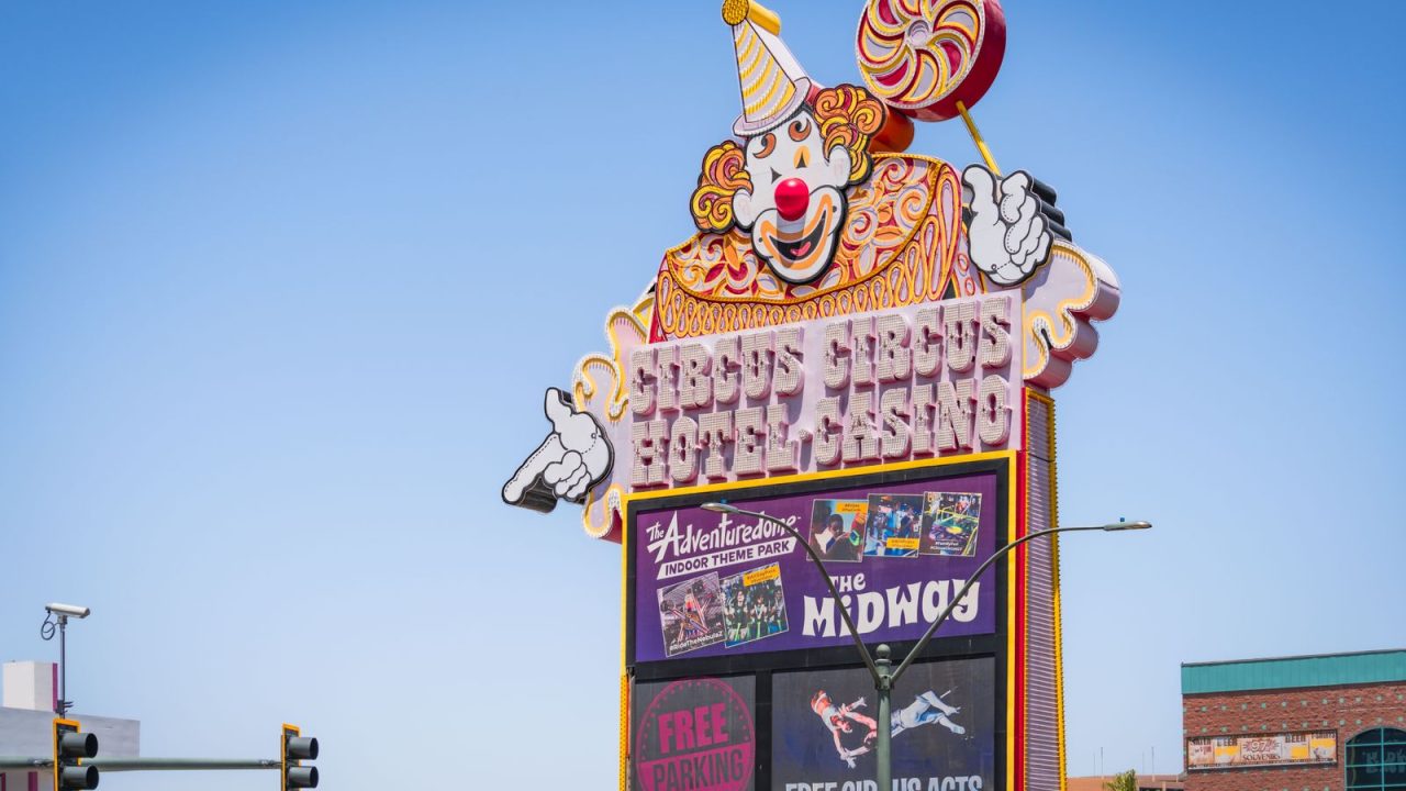 Bright daytime view of the famous Circus Circus Hotel and Casino sign on the Las Vegas Strip.
